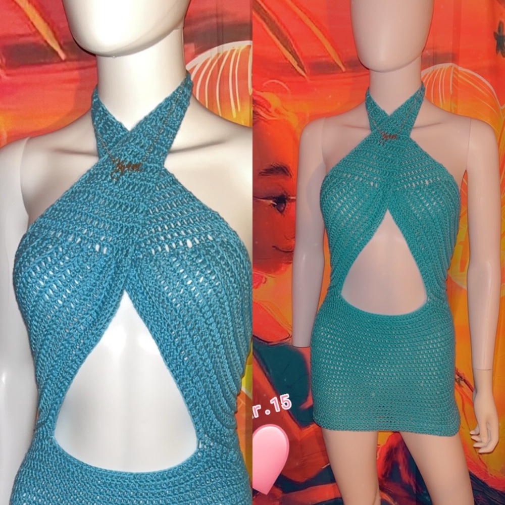 Teal Crochet Halter Dress